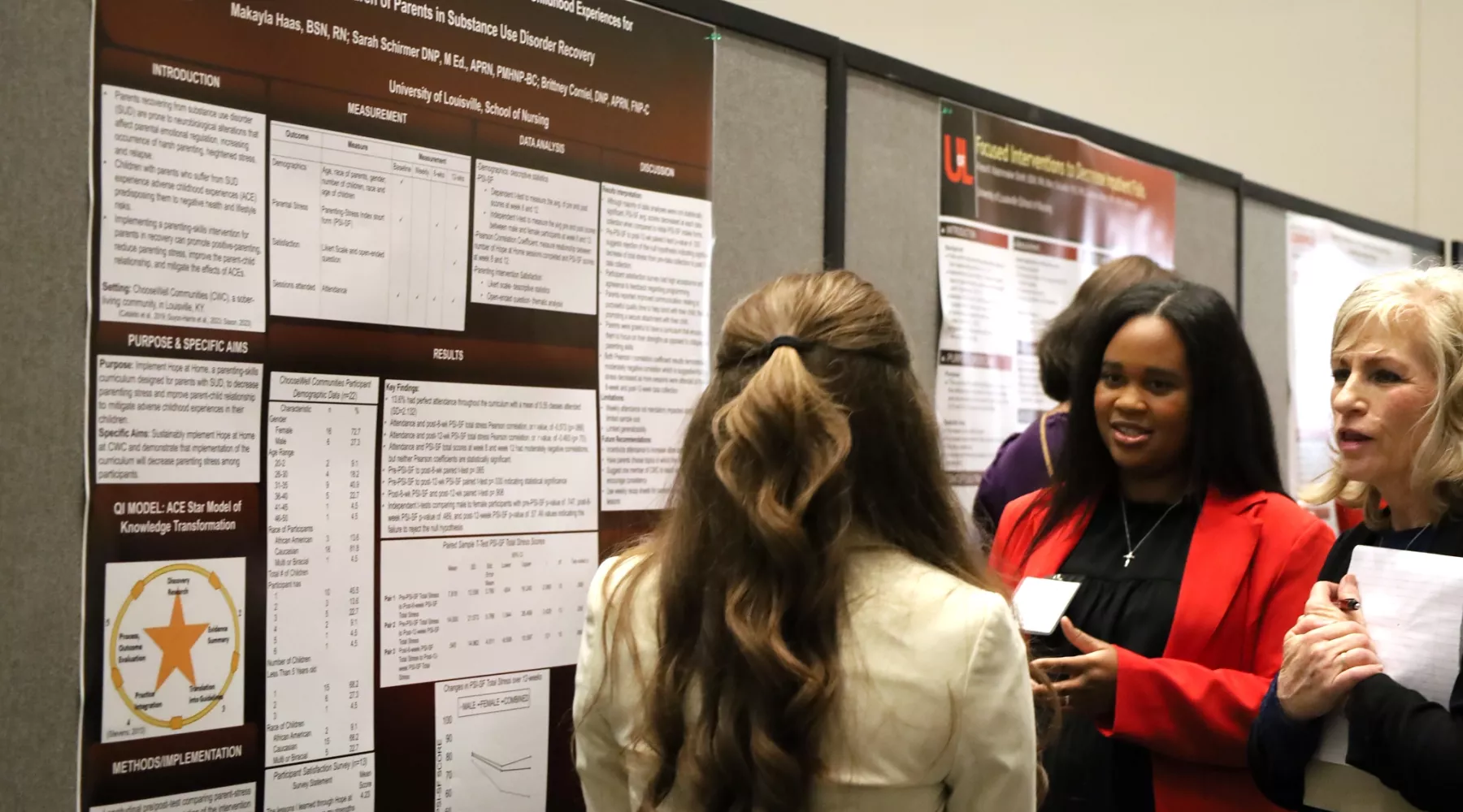 DNP student engaged in poster presentation conversation with DNP faculty members Dr. Brittney Corniel and Dr. Dedra Hayden.