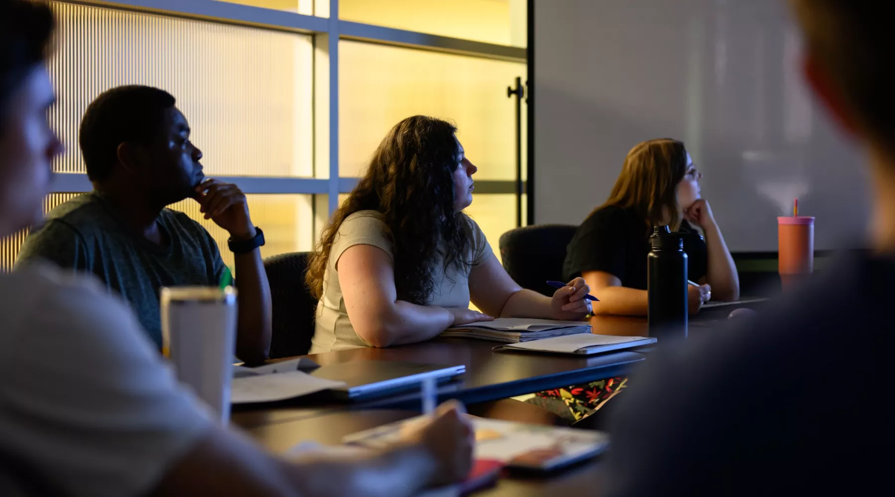 Graduate students listening to a presentation in a public health seminar