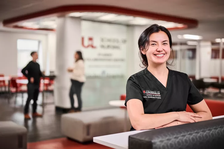 UofL School of Nursing Nurse Anesthesia resident Kamilia Stone standing the Student Collaboration Center.