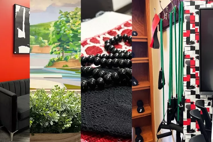 Collage of updated rooms in the University of Louisville School of Nursing building on HSC. From left to right, the pictures…
