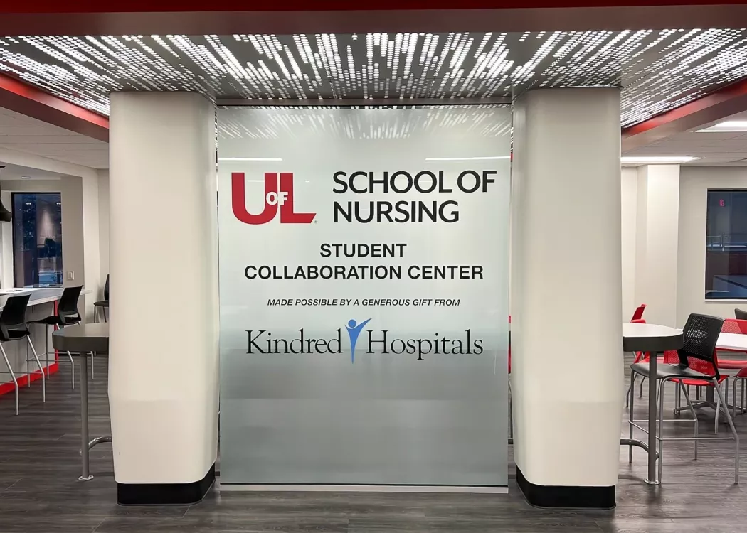 Wall graphic at the entrance to the Student Collaboration Center with the text School of Nursing Student Collaboration Center made possible by a generous gift from Kindred Hospitals