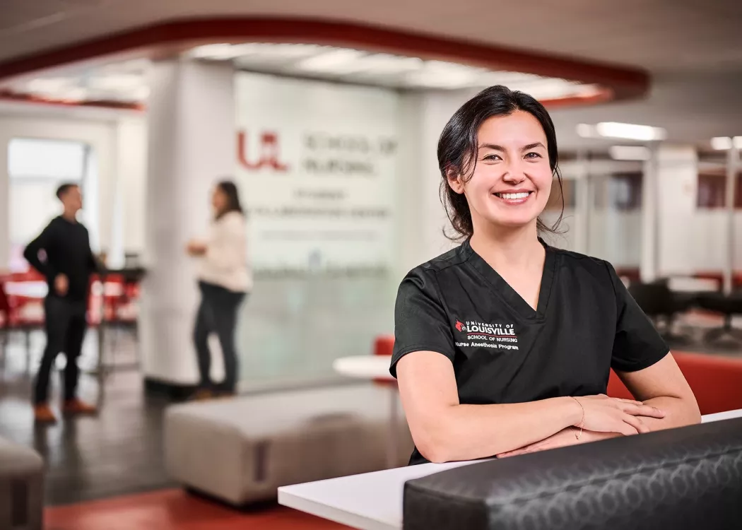 UofL School of Nursing Nurse Anesthesia resident Kamilia Stone standing the Student Collaboration Center.