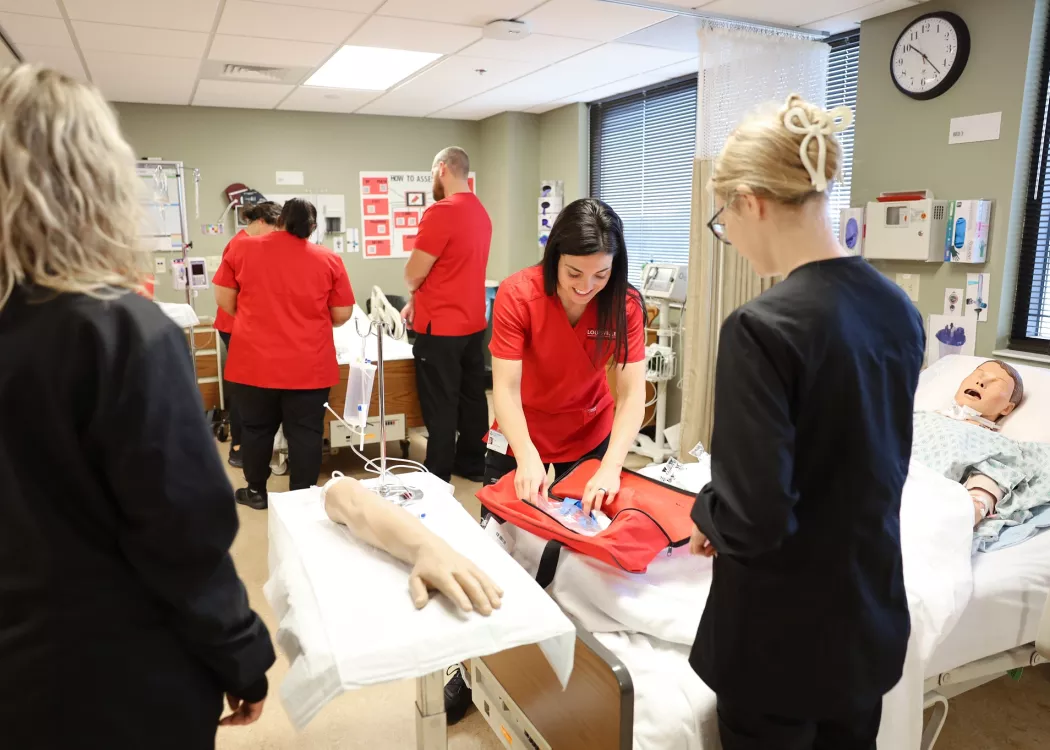 University of Louisville School of Nursing Owensboro Extension. ABSN students practice IV medication administration in the high-fidelity simulation lab.