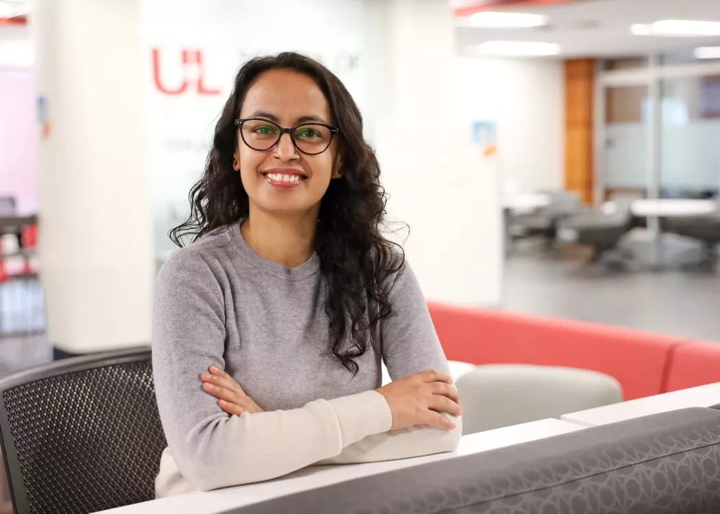University of Louisville School of Nursing PhD Student, Shubha Sapkota, inside the School of Nursing building.