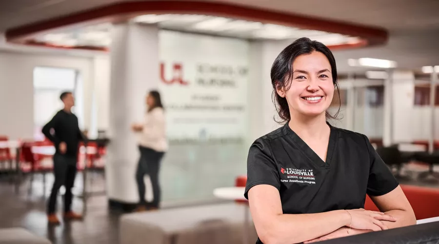 UofL School of Nursing Nurse Anesthesia resident Kamilia Stone standing the Student Collaboration Center.