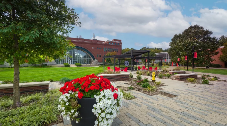 The 2020 Pavilion with Lutz and Schneider Hall in the background on a sunny fall day.