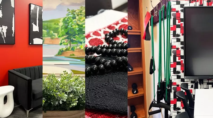 Collage of updated rooms in the University of Louisville School of Nursing building on HSC. From left to right, the pictures…